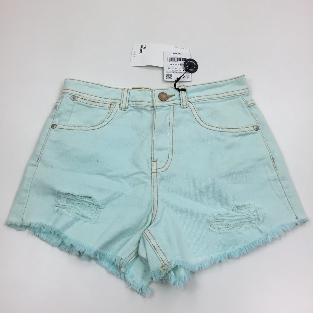 NWT ZARA Mint Green Distressed Raw Edge Hem High Rise Waist Denim Shorts